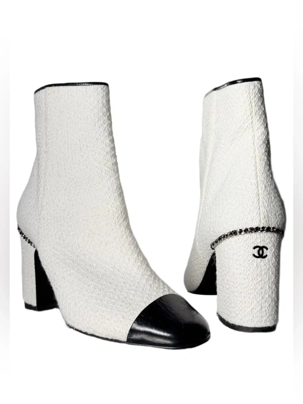 Chanel white tweed block heel ankle boots with black cap toe and interlocking CC